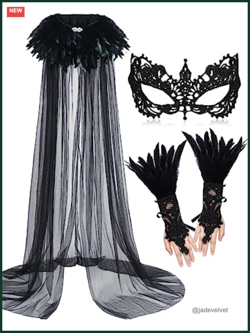 Witch Cape Set Feather Lace Gloves Spiderweb Mask Cosplay Halloween